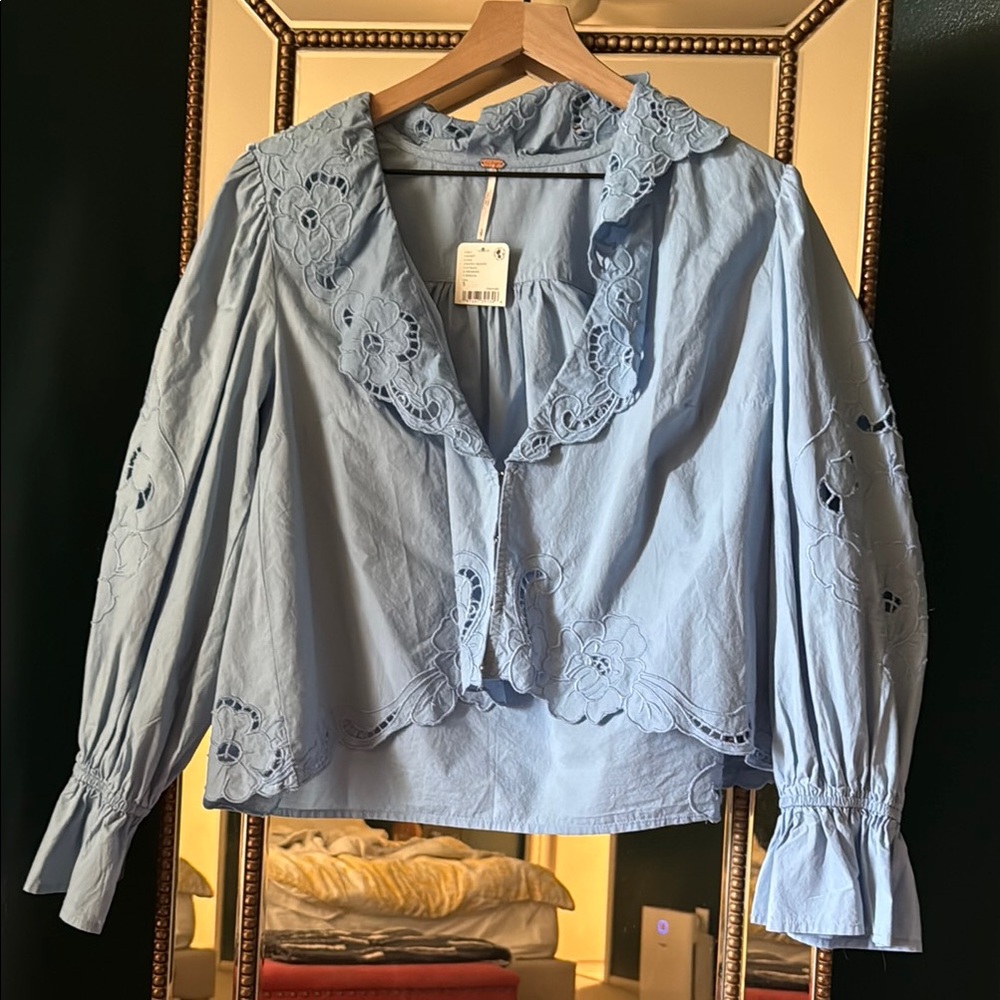 Free People Blue Ruffled Bib Collar Blouse